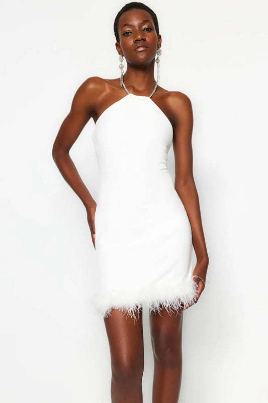 Luna Feather Trim Mini Dress – White