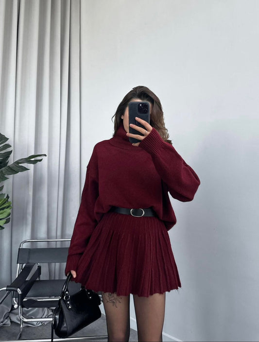 Aria Knit Sweater & Skirt Set – Burgundy Wine