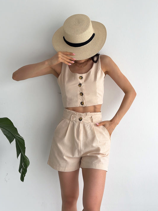 Soleil Linen Button Set – Sand Beige