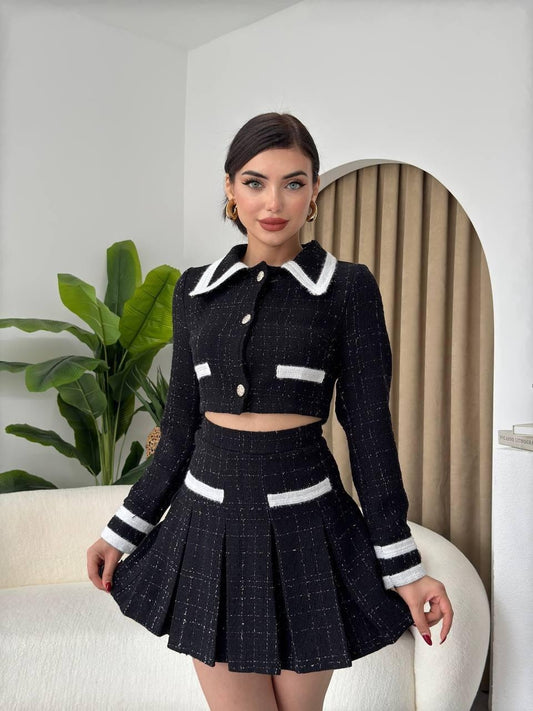 Chic Contrast-Trim Tweed Set – Black & White