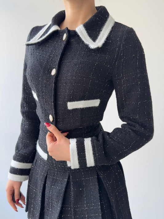 Chic Contrast-Trim Tweed Set – Black & White