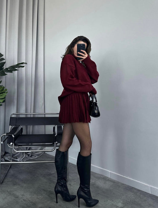Aria Knit Sweater & Skirt Set – Burgundy Wine