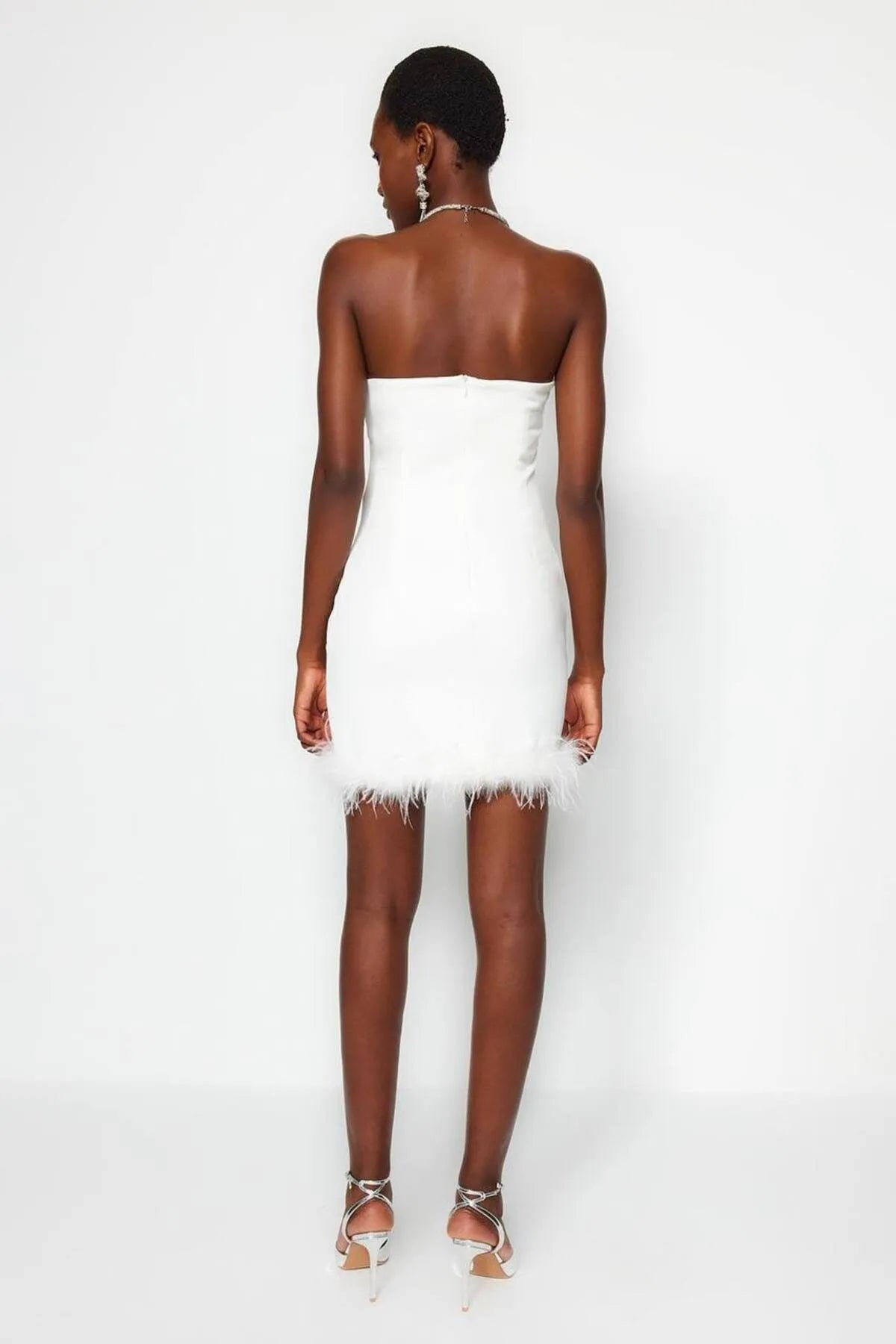 Luna Feather Trim Mini Dress – White