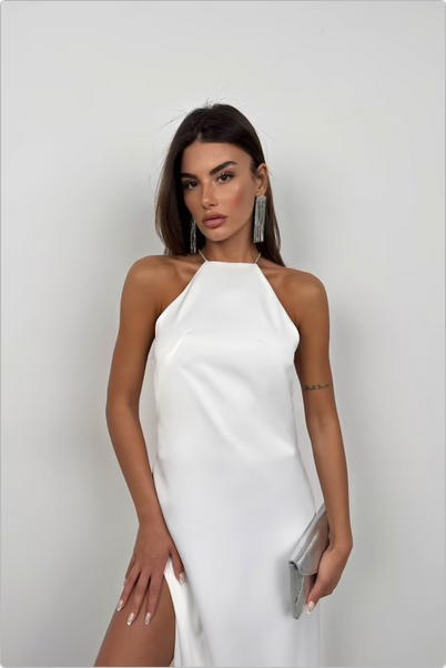 Satin Grace High-Slit Maxi Dress – White