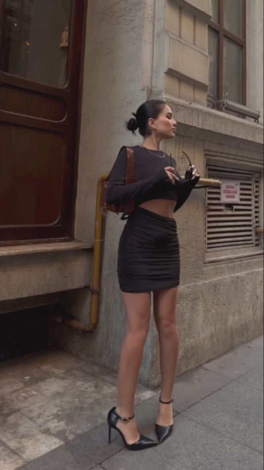 Mila Ruched Skirt Set – Jet Black