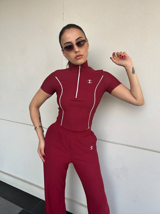 Ayla Sporty Zip Set – Wine Red