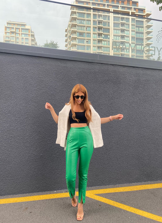 Ivy Faux Leather Split-Hem Trousers – Emerald Green