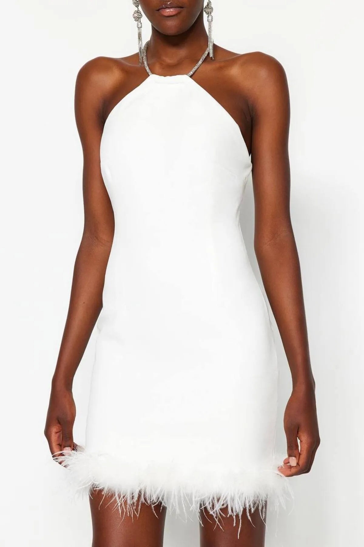Luna Feather Trim Mini Dress – White
