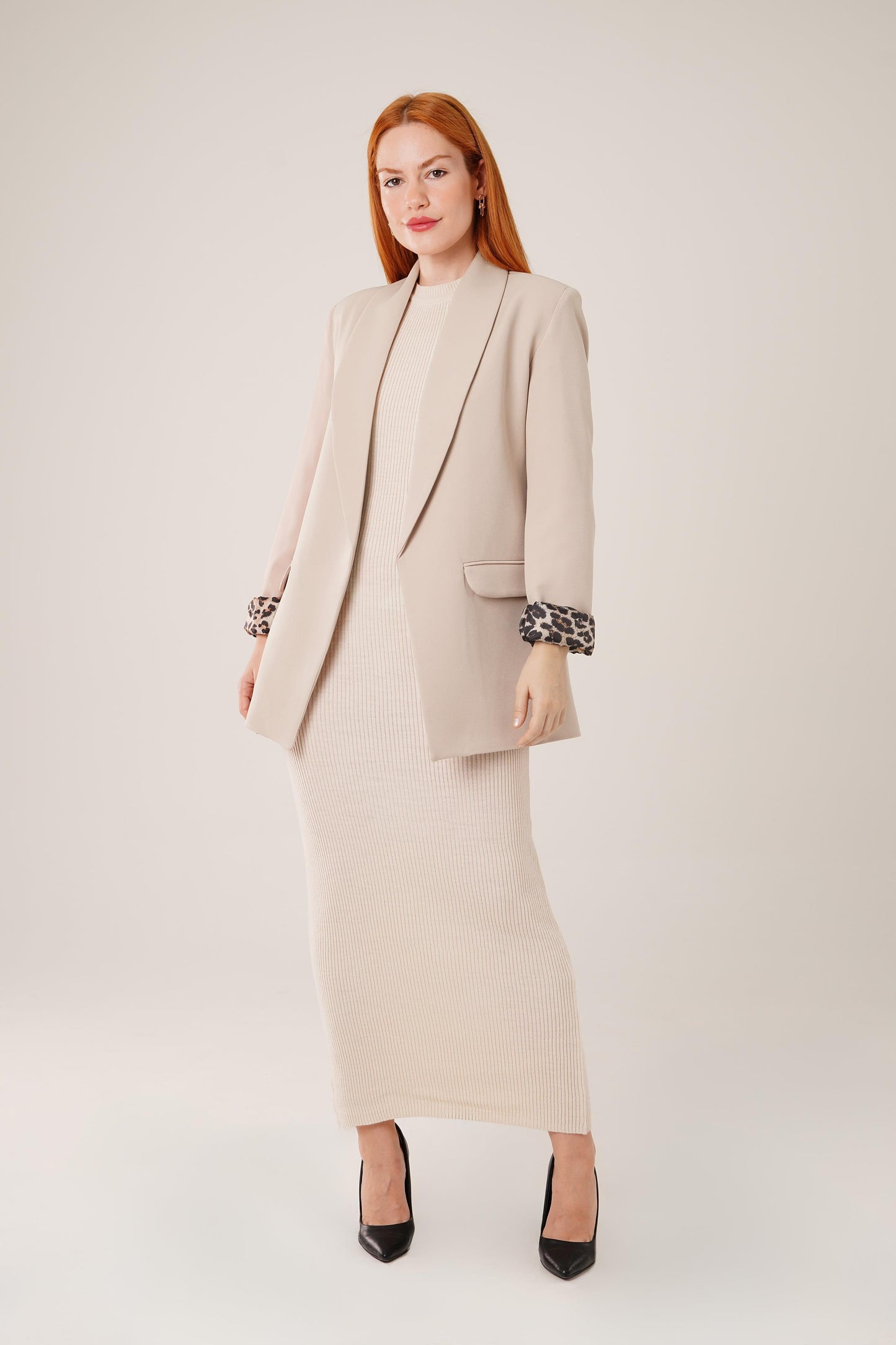 Leona Contrast Lined Blazer – Mink Beige