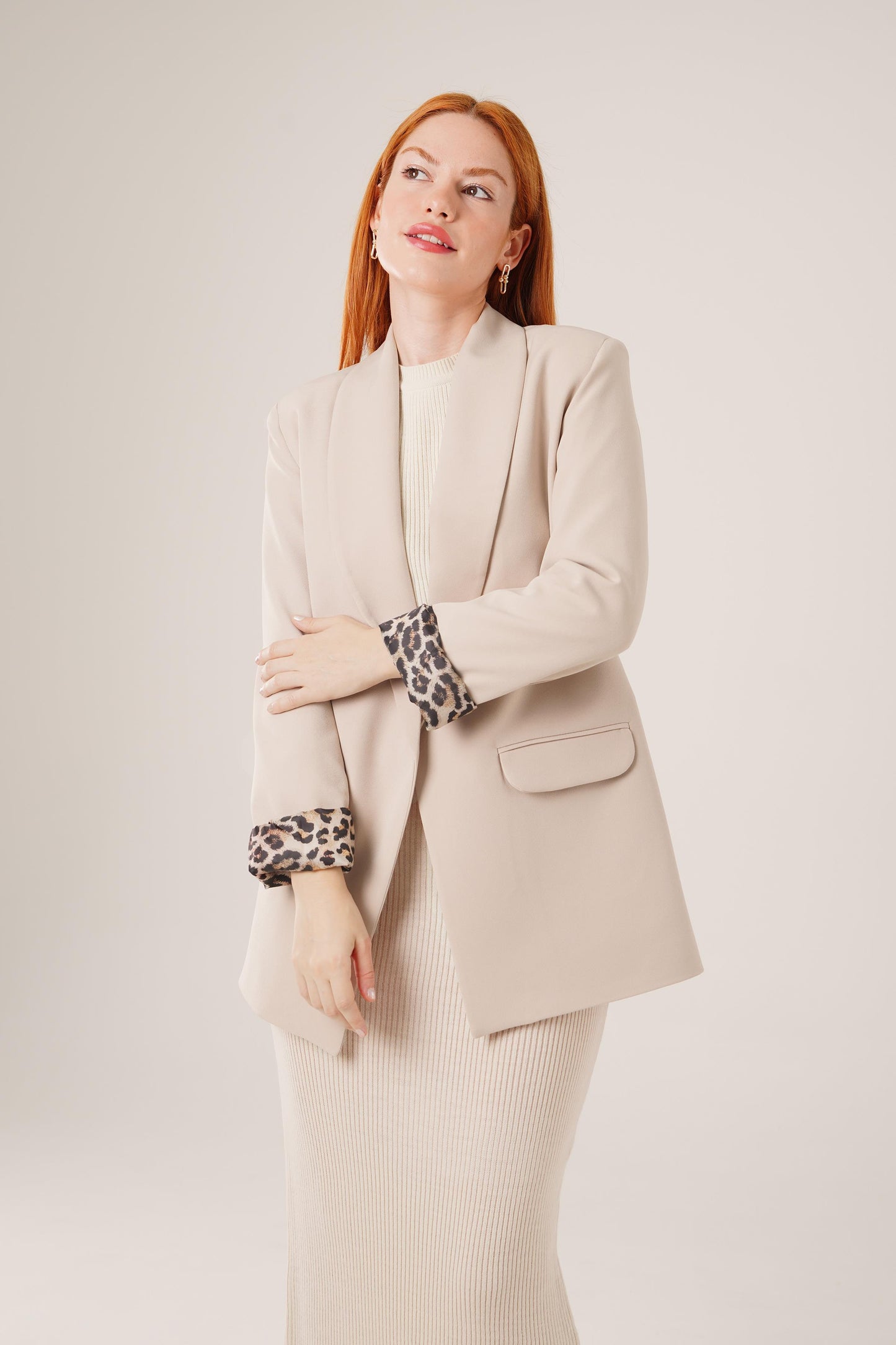 Leona Contrast Lined Blazer – Mink Beige