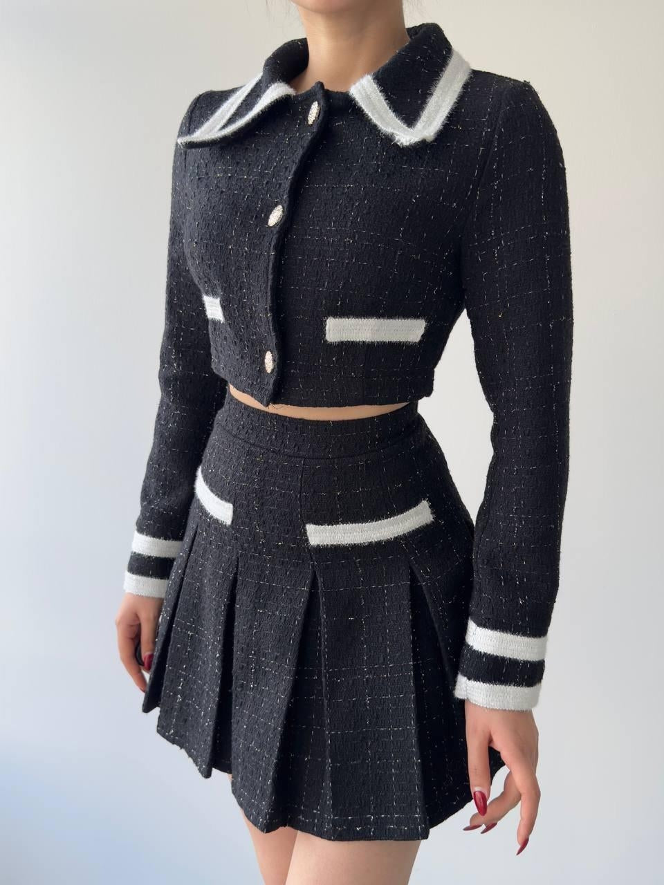 Chic Contrast-Trim Tweed Set – Black & White