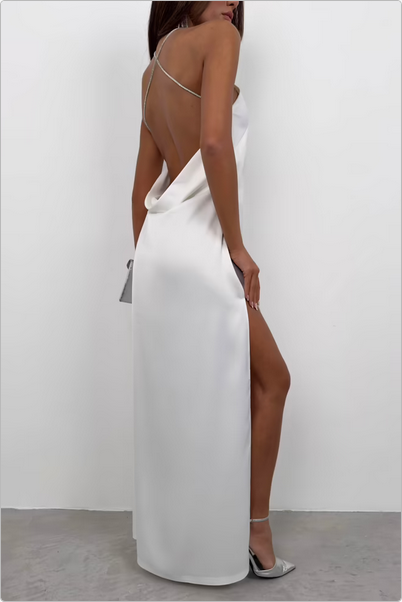 Satin Grace High-Slit Maxi Dress – White